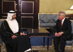 U.S. Secretary of Defense Chuck Hagel meets with United Arab Emirates Minister of Foreign Affairs Sheik Abdullah bin Zayed at the Ritz Carlton Hotel in Manama