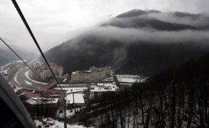 Rosa Khutor Alpine Resort pictured from the cable car cabin during heavy rain in Krasnaya Polyana near Sochi