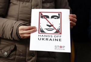 People take part in a demonstration showing support for Ukraine outside the Convention Centre where the European People's Party (EPP) Elections Congress is taking place in Dublin