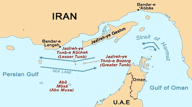 map shows the location of the three Iranian islands
