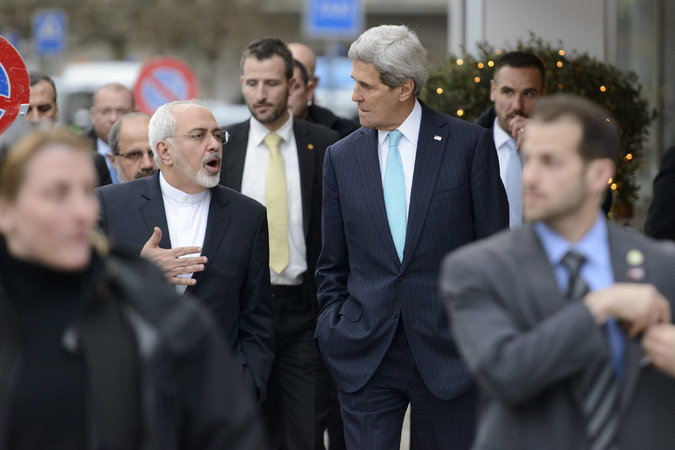 The Iranian foreign minister, Mohammad Javad Zarif, was criticized for the stroll he took with Secretary of State John Kerry in Geneva on Jan. 14. Credit Laurent Gillieron/European Pressphoto Agency