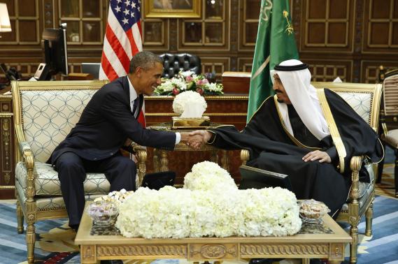 U.S. President Obama shakes hands with Saudi Arabia's King Salman at the start of a bilateral meeting at Erga Palacein Riyadh