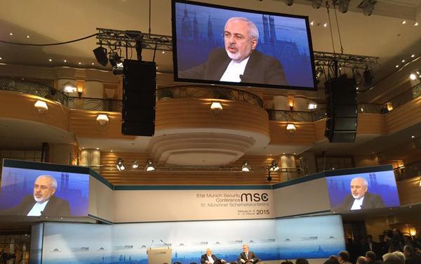Iran's FM Zarif delivers speech at Munich Security Conference on Feb.8, 2015.