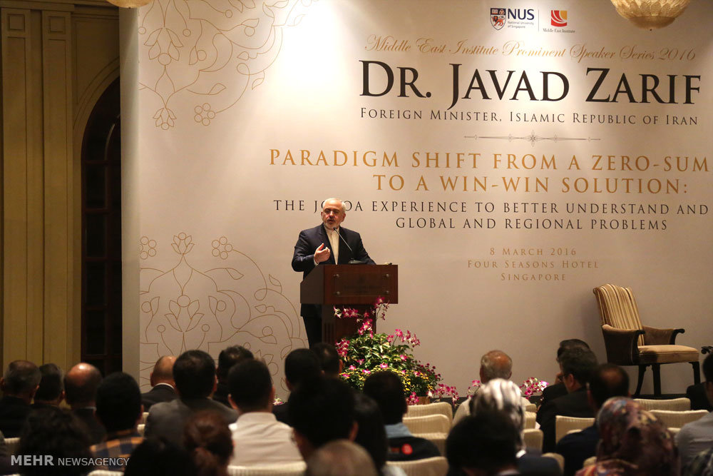 Iranian Foreign Minister Mohammad Javad Zarif spoke at a public lecture "Paradigm Shift from a Zero-Sum Game to a Win-Win Situation" at the Center for Middle Eastern Studies in Singapore on March 8, 2016. 2016-03-09 09:18